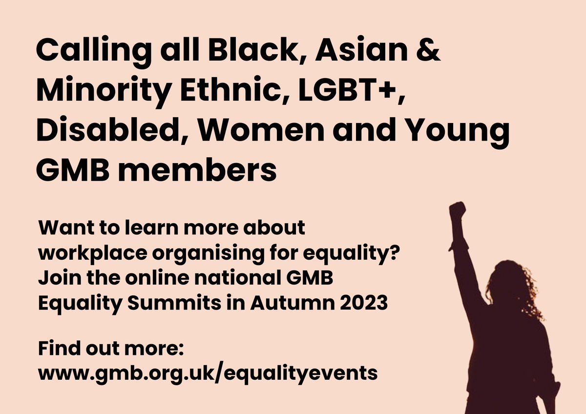 📢 Calling all Black, Asian & Minority Ethnic, LGBT+, disabled, women and young GMB members 📢 Want to scale up your workplace equality campaigning? Sign up for the online @gmbunion national equality summits this Autumn Find out more ➡️ gmb.org.uk/equalityevents