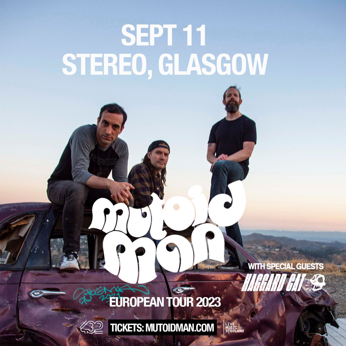 Three man US riff army @mutoidman (ft. members of Cave In, @Convergecult + @highonfireband) bring new album #Mutants to @stereo_glasgow on 11 Sep to blast the Monday blues right out your skull 💥💀🎸 Support from @theHaggardCat 🔥 🎟 Tickets here: bit.ly/3Bgee7S