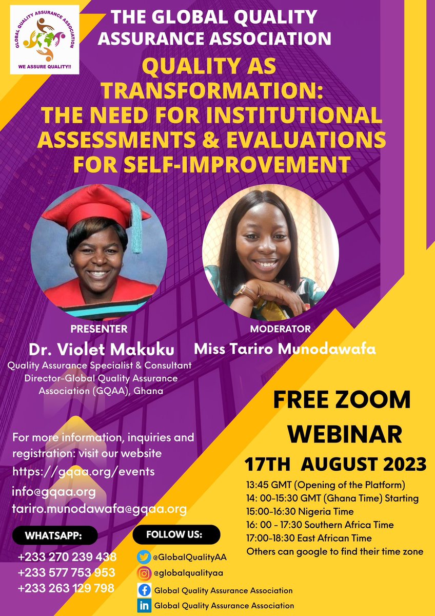 GlobalQualityAA's tweet image. Free Reg Link: wacren.zoom.us/meeting/regist…

This Thursday, the 17th, join the FREE ZOOM WEBINAR on Quality As Transformation: The Need For Institutional Assessments &amp;amp; Evaluations for Self Improvement. You can go through the flyer below for more info on the webinar. 

 #freewebinars