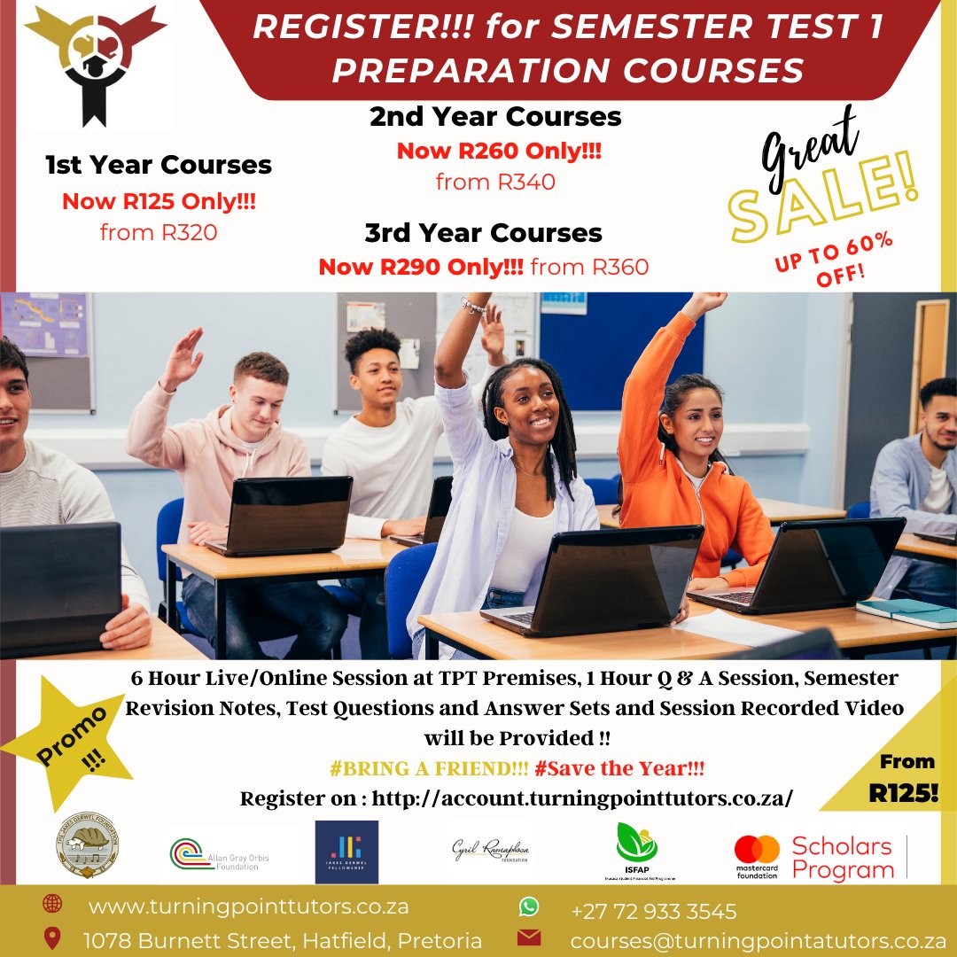 TptTutors's tweet image. REGISTRATION IS OPEN!!! For Semester Test 1 Preparation Courses!1st Year Courses: Now R125 Only!!! from R320. 2nd Year Courses Now R260 Only!!! from R340 and 3rd Year Courses Now R290 Only!!! from R360.
 Register on : account.turningpointtutors.co.za
WhatsApp (+27 72 933 3545) #Engweek