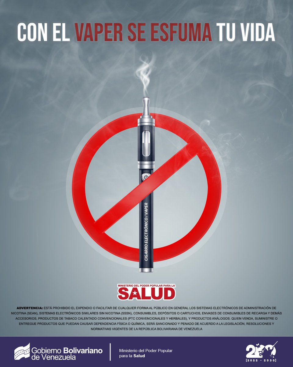 #Entérate | Cuando un cigarro electrónico o vaper se calienta, se forma un compuesto reactivo que tiene el potencial de ser un irritante pulmonar interfiriendo en el funcionamiento normal del sistema respiratorio. Dile NO al consumo del vaper.

#ElTipoEsMaduro

<a href="/NicolasMaduro/">Nicolás Maduro</a>