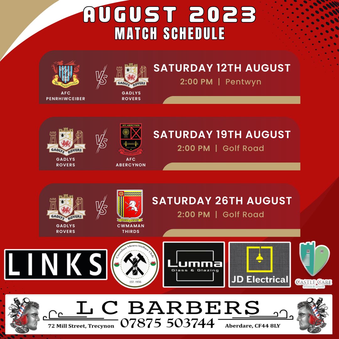 𝐀𝐮𝐠𝐮𝐬𝐭 𝐅𝐢𝐱𝐭𝐮𝐫𝐞𝐬

Little bit late as we have already played the first game 🙈 But better late than never 🙌🏻 

Saturday we are 𝐇𝐎𝐌𝐄 which means we are back to The Beehive Inn after the match 🌭🍻 We cannot wait to return ❤️ 

#UppaGadlys 🔴⚫️
