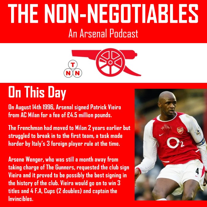 #OnThisDay 

On this day in 1996, Arsenal Signed Patrick Vieira.   

#Arsenal #history #champion #cupwinner #Invincible #captain #legend