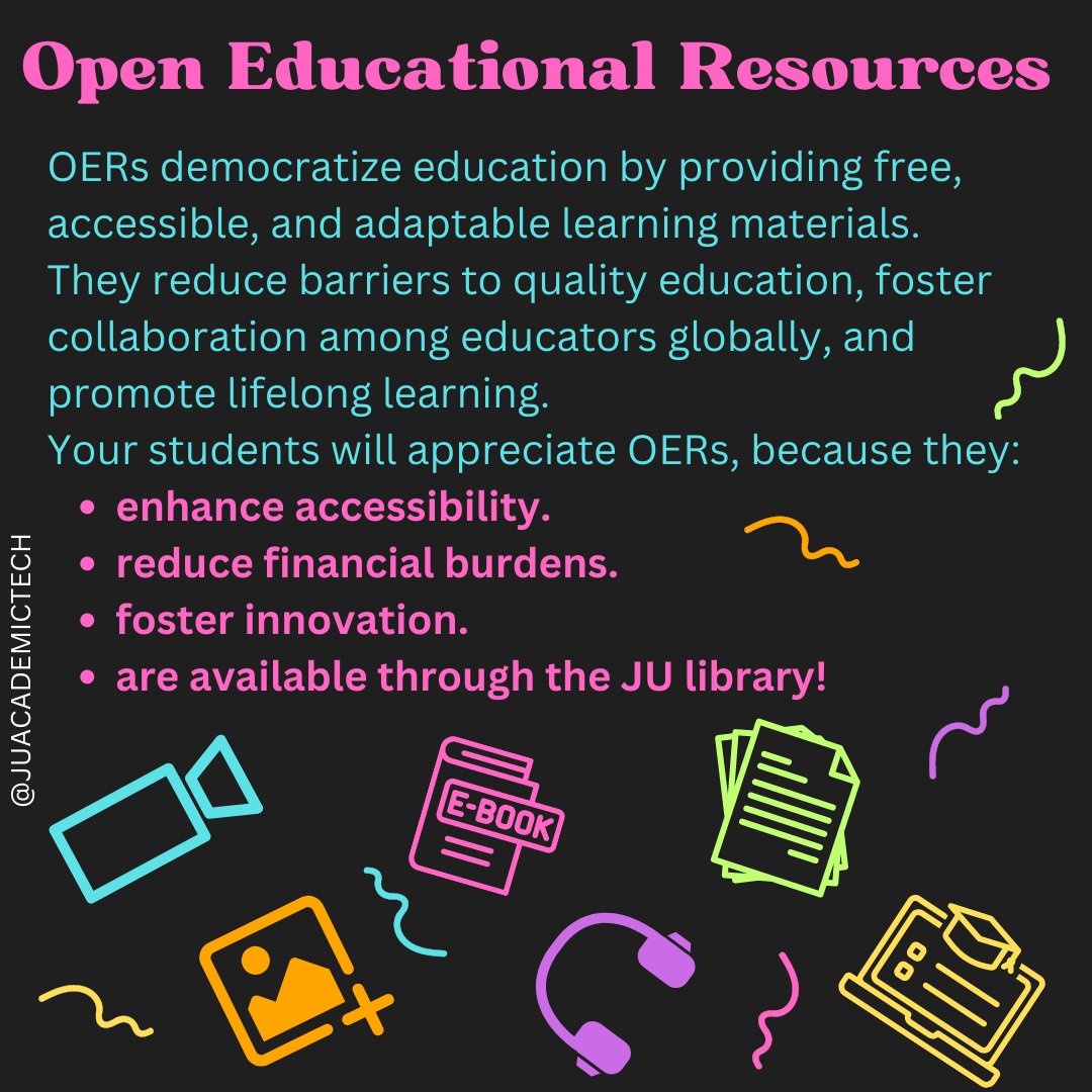 JUAcademicTech's tweet photo. Tired of hearing students say that they didn't get the textbook for your course? Try implementing OERs: free resources that can easily be found online and integrated right into your in-person or online course. Contact the library or your JU instructional designers to learn more! https://t.co/xPe1Fm3NiG