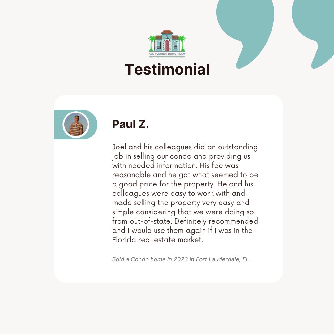 Check out this testimonial from our dear clients Paul and Judith!
Find out why our clients choose All Florida Home Team for their real estate needs!

Call us today - 📱786-210-0770!
.
.
.
#happysellers #satisfiedclients #allfloridahometeam #southfloridarealtor
