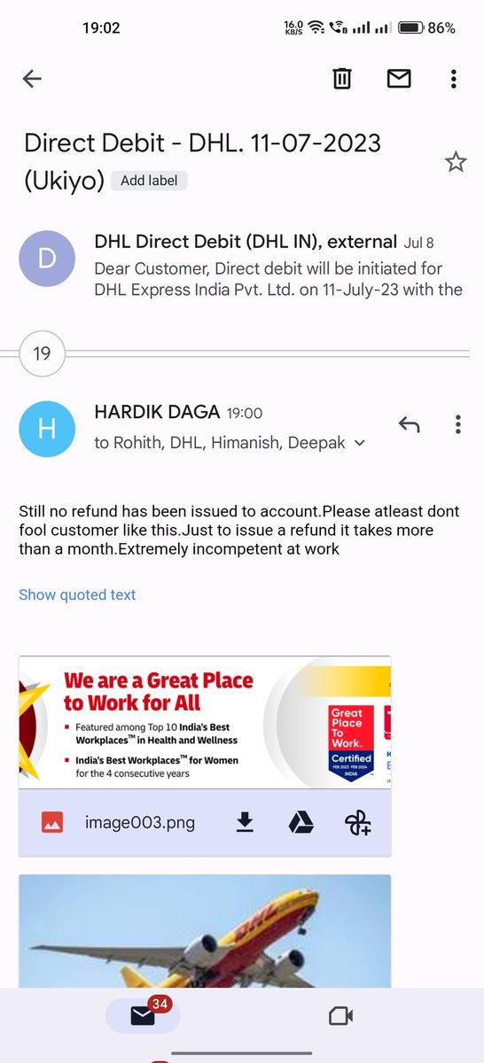 rdikjain's tweet photo. @DHLExpressIndia I have made double payment against a invoice with ref no WBSR000114547 and its more than a month your team is just playing fool and not able to issue a refund.They are just tagging each other and replying to do at urgent.Your urgent takes months
Such a disgrace https://t.co/K3NFJmZHXt