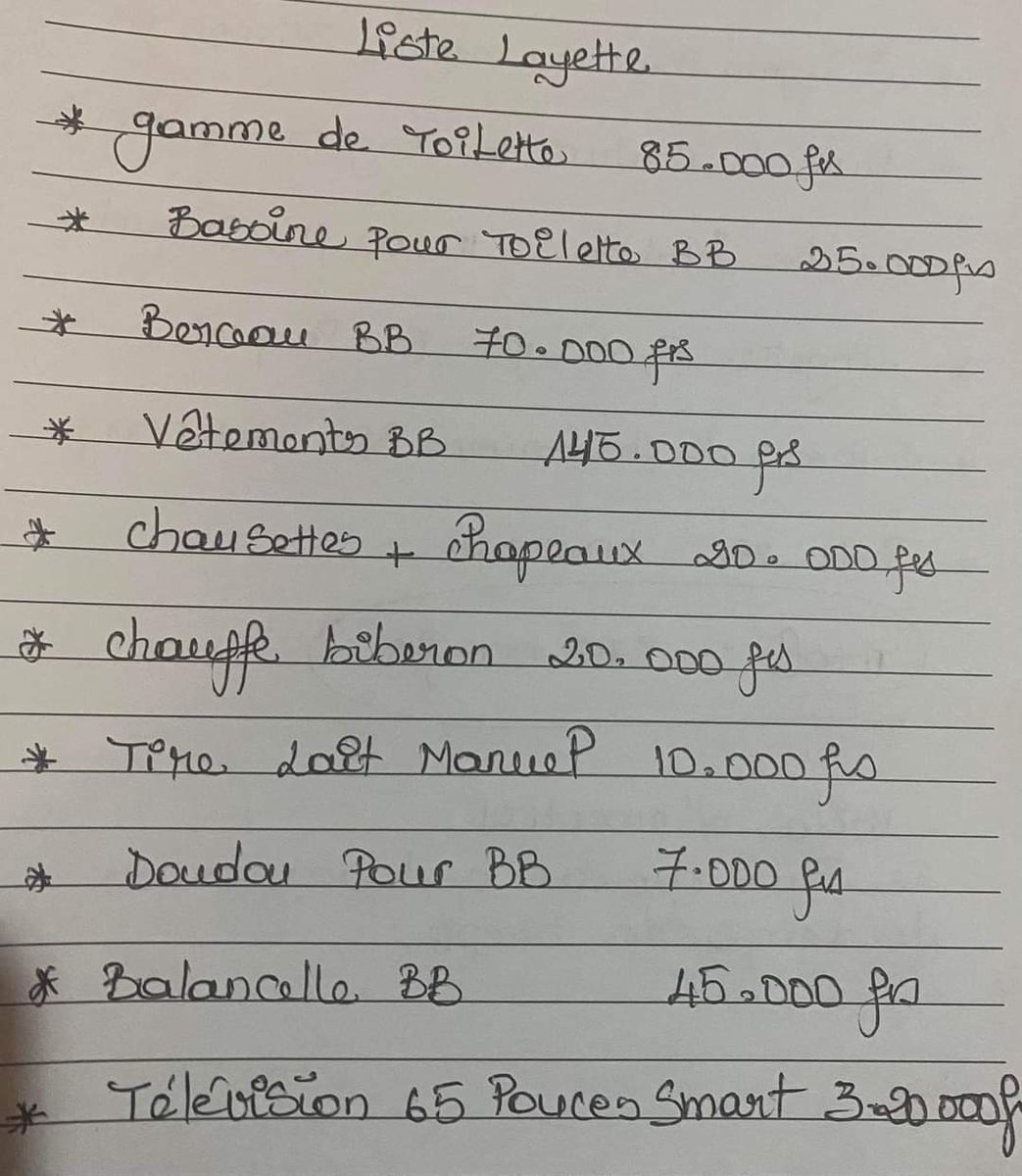 GateJRVirus's tweet image. Mon cousin de 24ans qui vient d’avoir son master et a été embauché récemment dans une banque de la place a mis enceinte sa go ( qui vit a Yaoundé comme lui elle a 21 ans  )et est actuellement à 7 mois de grossesse. 
Aujourd’hui donc elle lui a envoyé la liste de la layette👇🏽👇🏽👇🏽