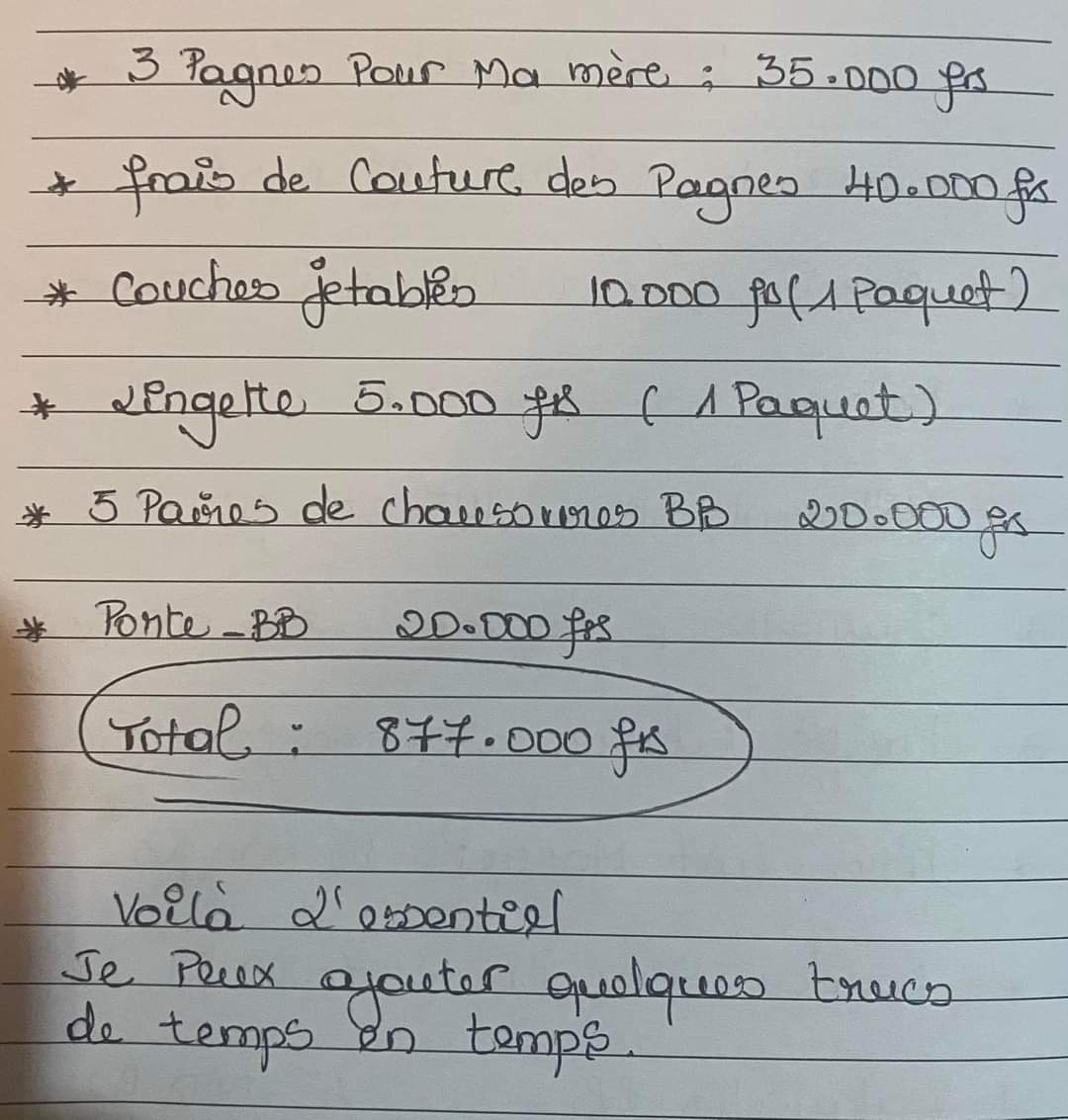 GateJRVirus's tweet image. Mon cousin de 24ans qui vient d’avoir son master et a été embauché récemment dans une banque de la place a mis enceinte sa go ( qui vit a Yaoundé comme lui elle a 21 ans  )et est actuellement à 7 mois de grossesse. 
Aujourd’hui donc elle lui a envoyé la liste de la layette👇🏽👇🏽👇🏽