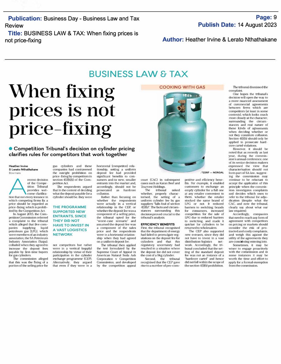 INSIGHTS 🇿🇦 | @comptrib has dismissed a complaint referred to it by @CompComSA where 5 gas suppliers allegedly colluded when agreeing to increase the deposit fees for 1st time gas cylinder buyers. More on why the fixing of cylinder prices doesn't contravene the #CompetitionAct ⬇️
