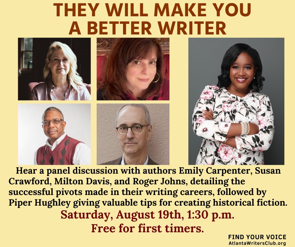 Atlanta Writers Club (@atlwritersclub) on Twitter photo Don't miss AWC's August meeting at the Georgia State University Perimeter Campus (in Dunwoody). Join our mailing list to learn more: atlantawritersclub.org/contact/. #writing #WritingCommunity #writingtips #historicalfiction <a href="/rogerjohns10/">Roger J Johns</a> <a href="/crawfordsusanh/">Susan Crawford</a> <a href="/EmilyDCarpenter/">Emily Carpenter</a> Don't miss AWC's August meeting at the Georgia State University Perimeter Campus (in Dunwoody). Join our mailing list to learn more: atlantawritersclub.org/contact/. #writing #WritingCommunity #writingtips #historicalfiction <a href="/rogerjohns10/">Roger J Johns</a> <a href="/crawfordsusanh/">Susan Crawford</a> <a href="/EmilyDCarpenter/">Emily Carpenter</a>