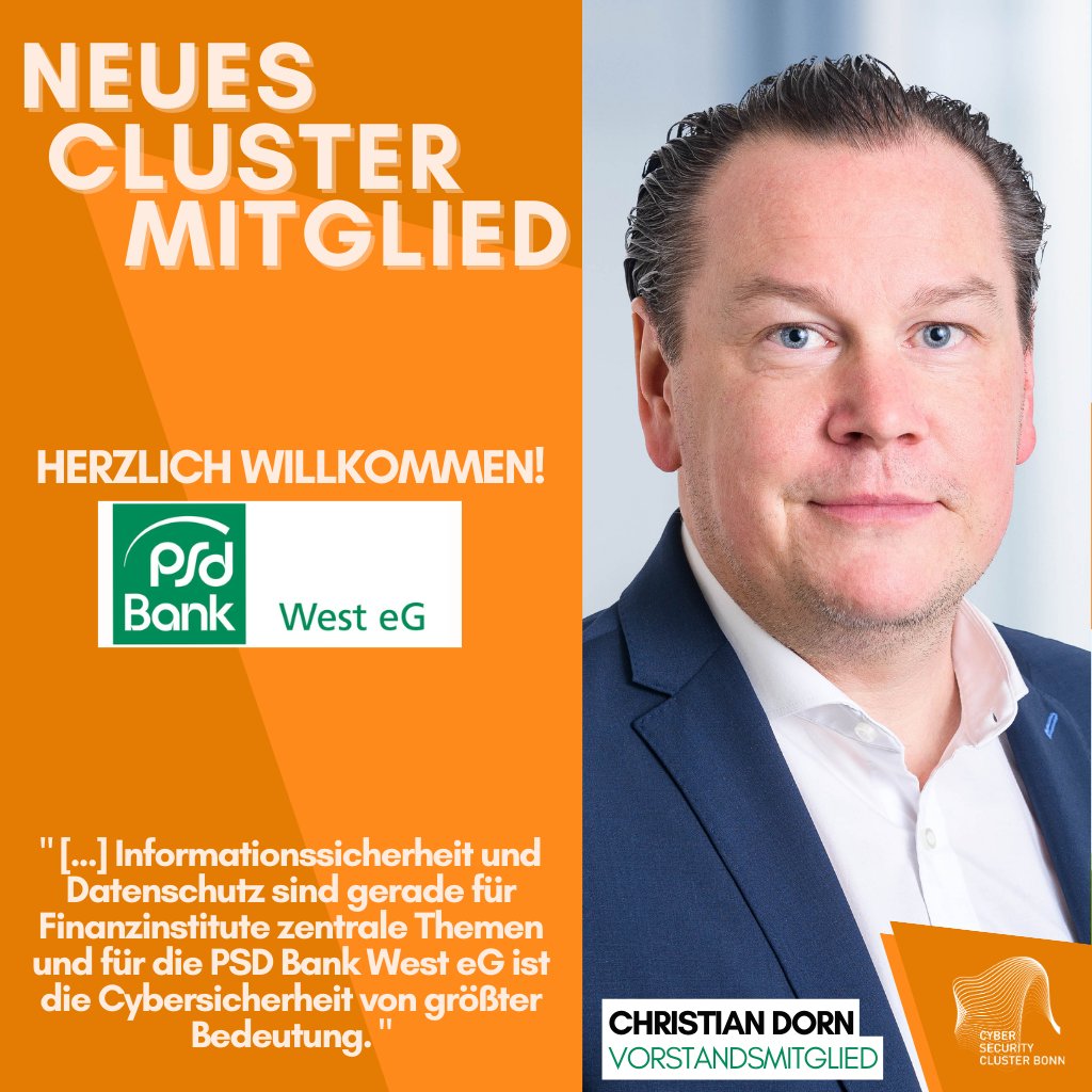 Cyber Security Cluster Bonn e.V. (@cscbonn) on Twitter photo Wir freuen uns sehr die PSD Bank West eG als neues Mitglied im <a href="/CSCBonn/">Cyber Security Cluster Bonn e.V.</a> zu begrüßen!
Herzlich Willkommen! 🎉
Christian Dorn, Vorstandsmitglied stellt die PSD Bank West eG im Interview vor.
lnkd.in/eTDUwcWT
#interview #PSDBankWesteG #CSC Wir freuen uns sehr die PSD Bank West eG als neues Mitglied im <a href="/CSCBonn/">Cyber Security Cluster Bonn e.V.</a> zu begrüßen!
Herzlich Willkommen! 🎉
Christian Dorn, Vorstandsmitglied stellt die PSD Bank West eG im Interview vor.
lnkd.in/eTDUwcWT
#interview #PSDBankWesteG #CSC
