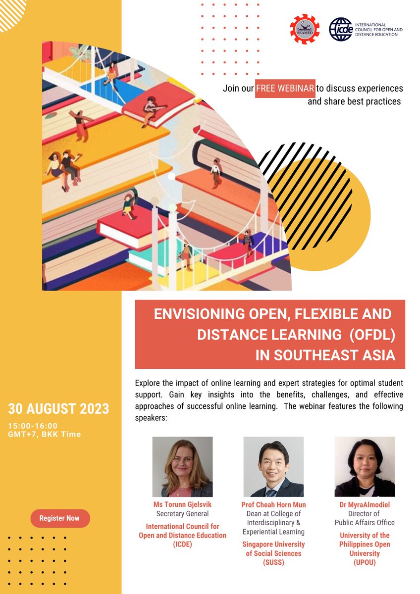 🆕 WEBINAR: Join ICDE and <a href="/SEAMEO_S/">SEAMEOSecretariat</a> for an exciting joint webinar: "Envisioning Open, Flexible &amp; Distance Learning in Southeast Asia"

📅 30 August
🕐 15:00 UTC+7

Explore the impact of online learning and strategies for optimal student support.

Register: seameo.org/Main_programme…