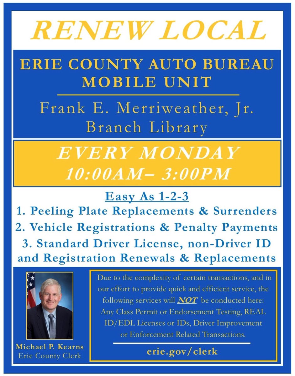 ErieCountyClerk's tweet photo. Check your vehicle's registration expiration date on your windshield‼️
If it's expired or about to expire get to #MondaysAtMerriweather from 10am-3pm today & every Monday to #RenewLocal.
Have your #DMV transactions completed quick & easy at @buffalolibrary- walk-ins welcome! https://t.co/JKtJ4dxhGS