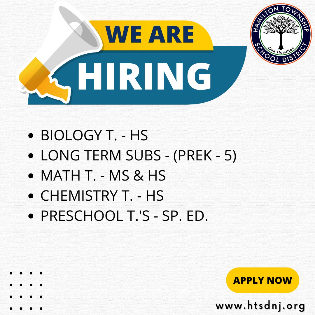 📣 HTSD is Hiring! Join our TEAM 🍎 Visit ➡️ tinyurl.com/2p8fma9j to APPLY today! #HTSD #HTSDPride @ScottRRocco @HTSDSecondary @HTSDCurriculum @HTSD_HR @HTSD_Tech @LauraGeltch @HamiltonTwpNJ @HTSD_Steinert @SpartanSentinel @HTSD_Nottingham @HTSD_West