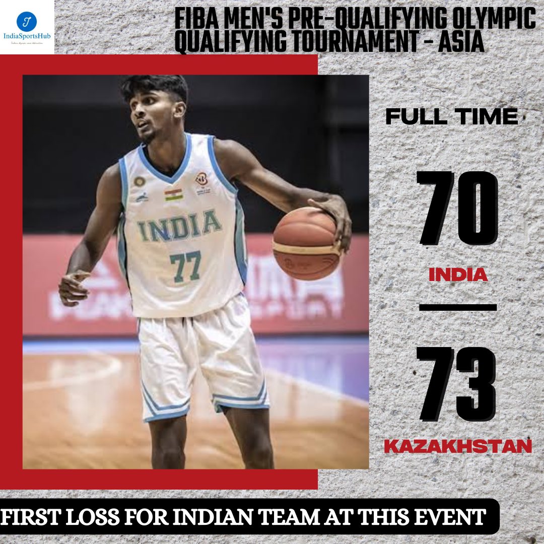 IndiaSportsHub's tweet photo. ITS A LOSS | IND 70-73 KAZ | 🏀 

In a match which was full of up and down it was the Indian team who ended up on the losing side against the highest ranked team.

✨Next up Saudi Arabia 🇸🇦 after a day break.

#PreQualifying #Paris2024 https://t.co/5UkJTaJsob