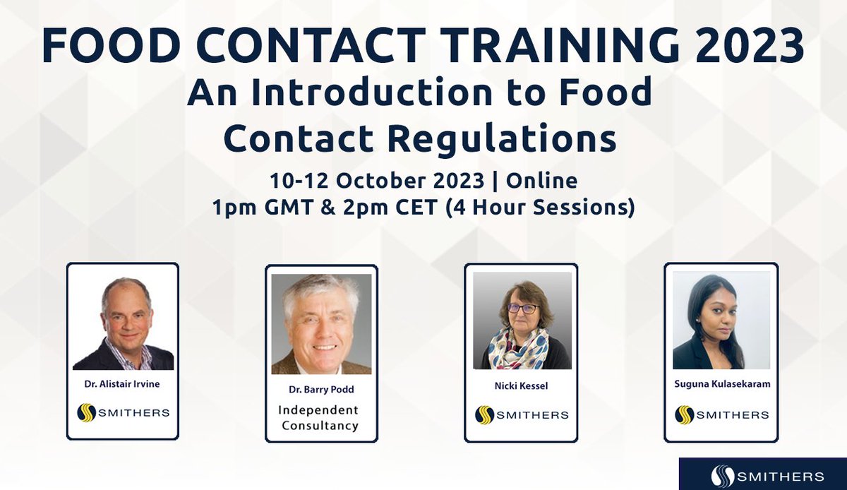 The Food Contact Training 2023 programme has been announced, taking place on 10-12 October 2023, in the hugely popular online format

Find Out More: bit.ly/3OCAgb8
Register Now: bit.ly/3L9F9bh

#food #foodcontact #FCM #foodcontactmaterials #foodconactlegislation