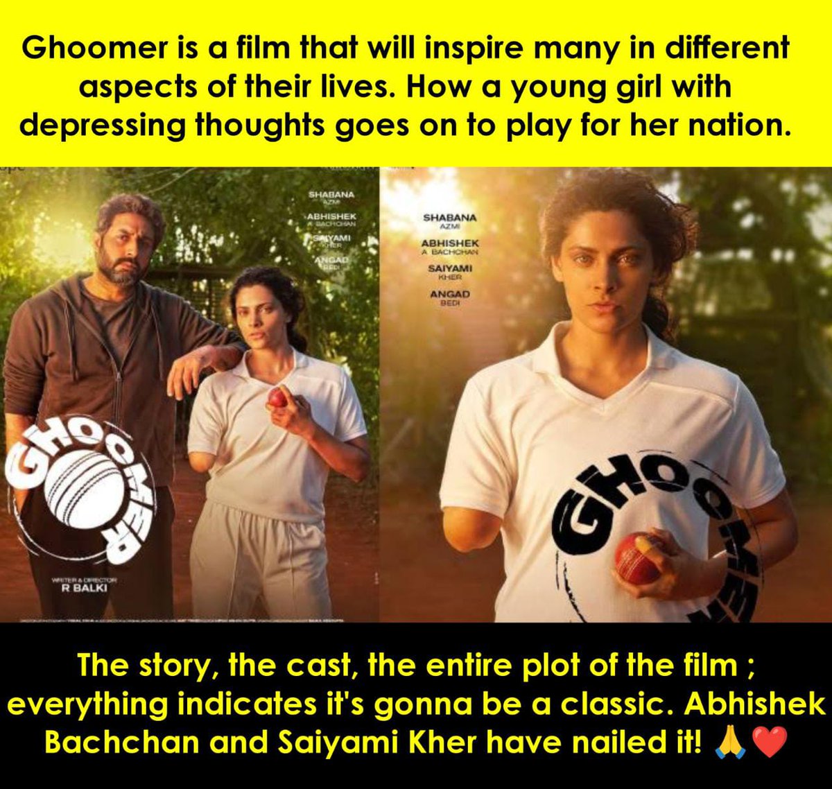 Kudos to @JuniorBachchan for his captivating acting in #Ghoomer. His performance is a testament to his skill and dedication. An eagerly awaited movie!"