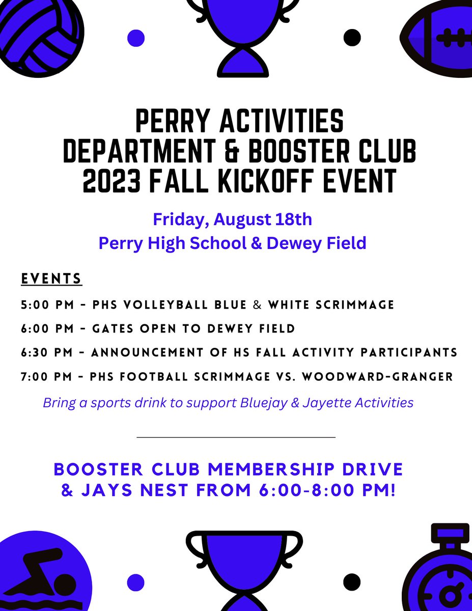 PerryActivities's tweet photo. Our fall kickoff event is happening Friday, August 18th! Come out to get an early glimpse of our fall Bluejay & Jayette activity participants!
Also, you won’t want to miss the @PerryBooster membership drive and Jays Nest!
#GoBluejays #GoJayettes https://t.co/hd7Pnkg7lN