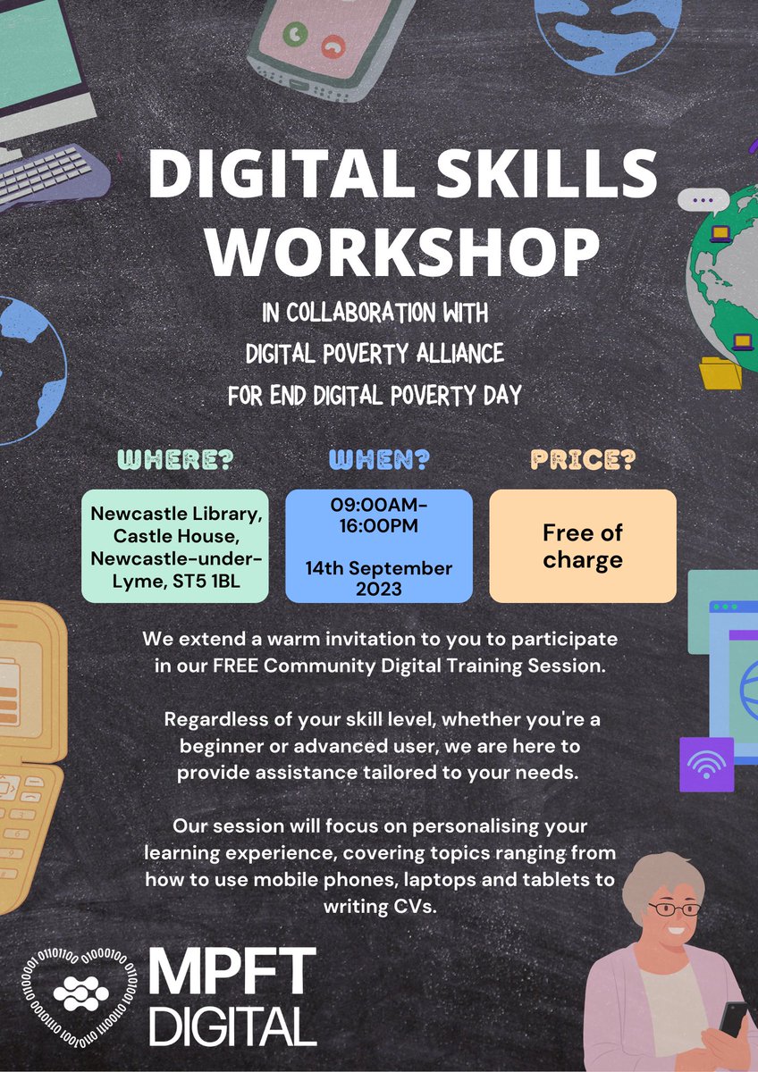 Newcastle Library are working alongside MPFT to highlight Digital Poverty Day this year. MPFT will be holding a dedicated day at the library on the 14 Sept. 9am-4pm, where they will conduct free IT Training sessions for the community. @digipovalliance #DigitalPoverty <a href="/MpftDigital/">MPFT Digital (NHS)</a>