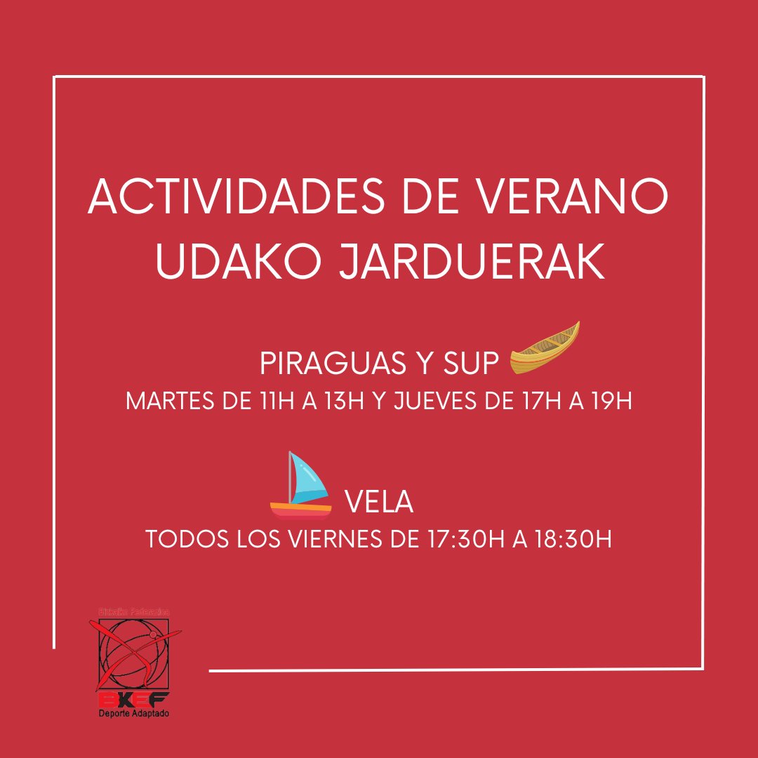 ¡Seguimos disfrutando del verano!☀ Y, qué mejor, que con el deporte😉Te recordamos nuestras actividades de verano: 
✍🏻 Inscripciones en info@bkef.eus
📲 697243685 
¿Te animas?

#FDAB #BKEF #Paddel #PaddelSurf #PaddleBilbao #PaddleSurfBilbao #Vela #Bela #Piraguas #PiraguasBilbao
