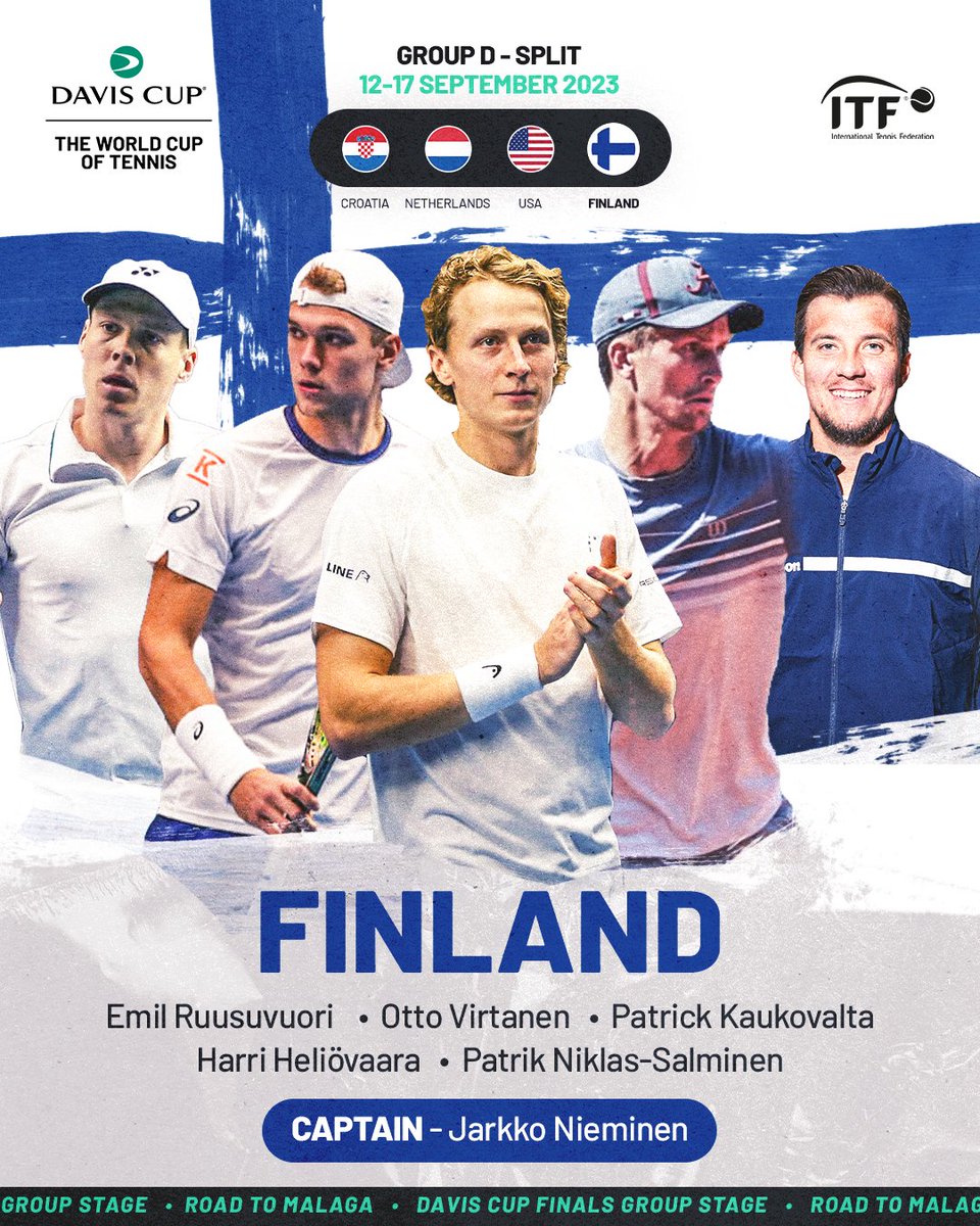 Team Finland 🇫🇮

@EmilRuusuvuori
Otto Virtanen
@kaukovalta98 
@harriheliovaara  
@patrikns 

© Jarkko Nieminen

🔗 tennis.fi/uutiset/suomen…

#PorscheDavisCupTeamFinland | @DavisCup