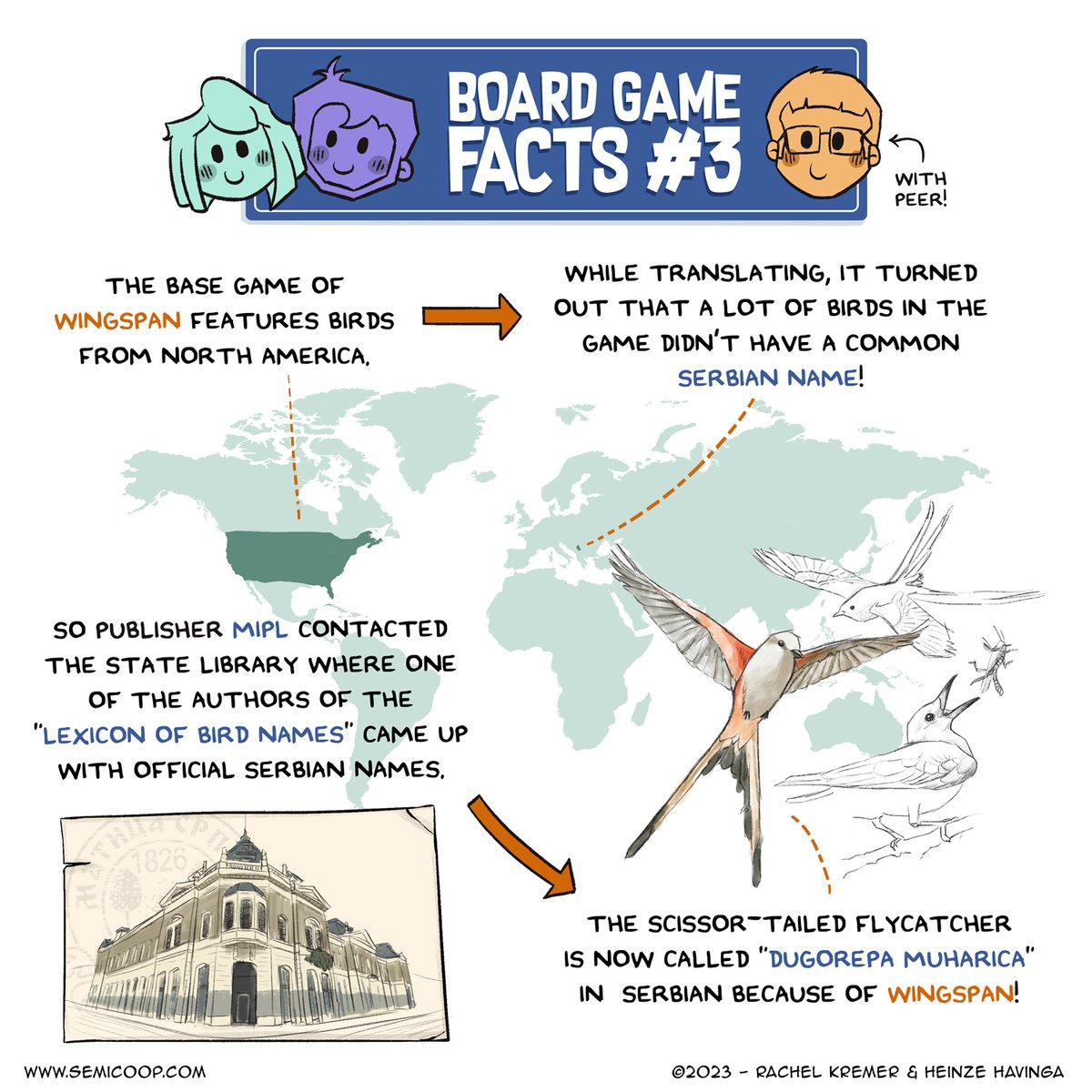 New comic! This month, we'll be sharing some <a href="/BoardgameFacts/">Random Boardgame Facts</a> with @Koenigvonsiam. Did you know Wingspan is the reason a lot of the birds in the game now have an official Serbian name?

For more comics about #boardgames, follow us or check out semicoop.com!