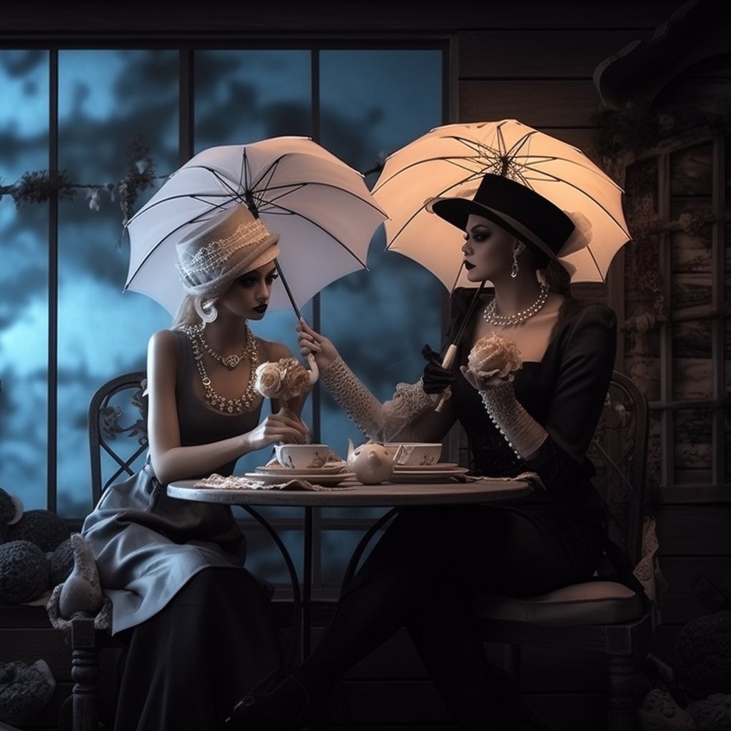 Laurie_Beyond's tweet photo. Lunchtime under white umbrellas, despite the absence of rain.
#aigirls #aiart #creativeai #girlsofai https://t.co/jteVZ2fPFU