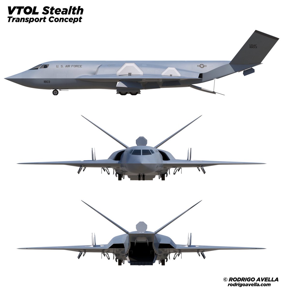 rodrigoavella's tweet photo. VTOL Stealth Transport Stealth high-speed vertical take-off and landing aircraft concept, for special operations transport. https://t.co/wVwLpBMhZ4 #specialforces #vtol #vtolaircraft #stealth #concept #conceptaircraft #military #usa #airplane #aviation #airforce #usaf #navy https://t.co/QnDHwW6sKP