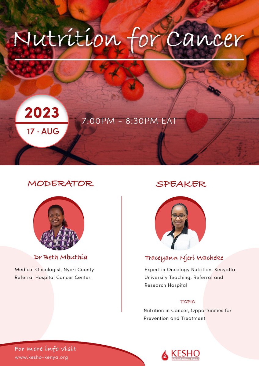 CANCERKESHO's tweet photo. Join Dr Traceyann Njeri this Thursday 17th August 2023 from 7pm as she discusses โNutrition in Cancer, Opportunities for Prevention and Treatment.โ
Use the link below to attend and participate.
https://t.co/7GbELQVKvv
#nutritionforcancer https://t.co/kIUen7VOac
