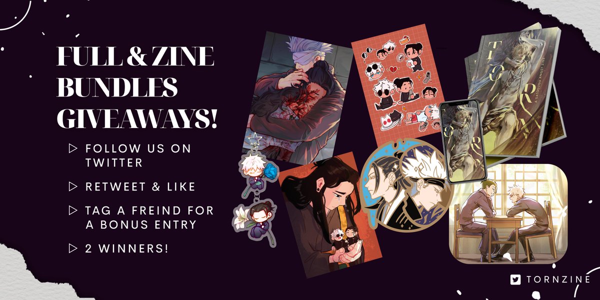 TornZine's tweet image. 🤍Zine Giveaways!

Sharing the SatoSugu pain with 2 Giveaways!
Torn is gifting 1 Full Zine Bundle and 1 Zine Only Bundle 

➡️To Enter
Give us a Follow
RT &amp;amp; Like this post
Tag a friend for a Bonus Entry!

Bundles are available at: tornzine.bigcartel.com
#jjk #satosugu #giveaway