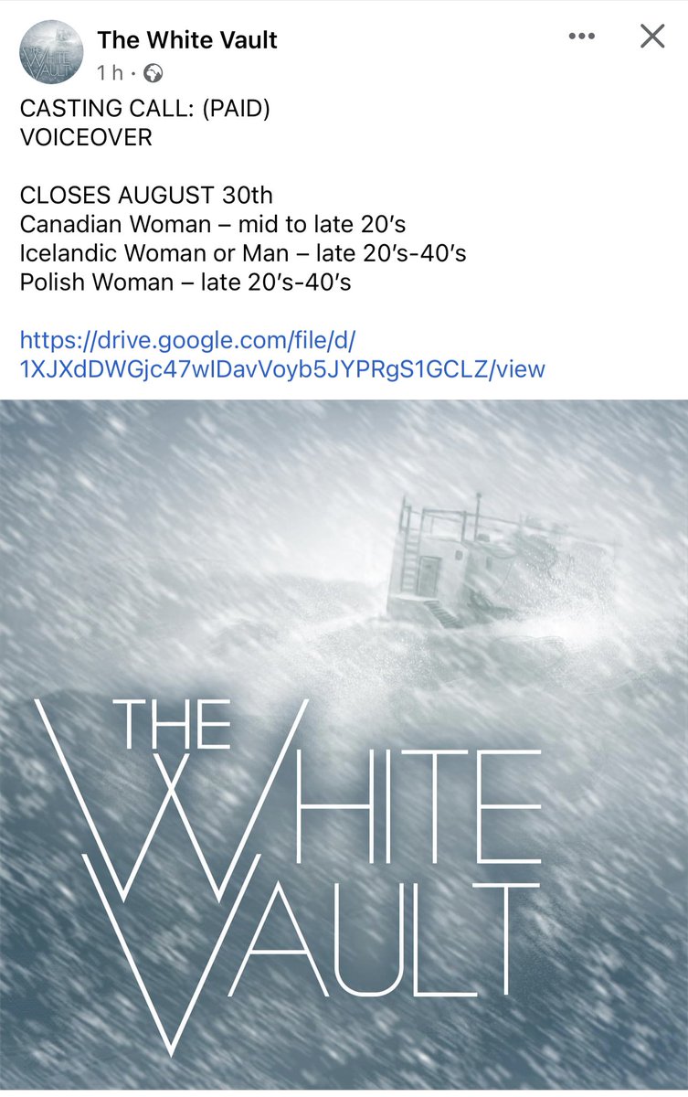 AudioDramaAuditions (@audioauditions) on Twitter photo Ooohhh. The <a href="/WhiteVault/">The White Vault • Indie Horror Podcast</a> are casting - jump in Canadian Polish Icelandics!
CASTING CALL: (PAID)
VOICEOVER
CLOSES AUGUST 30th
Canadian Woman – mid to late 20’s
Icelandic Woman or Man – late 20’s-40’s
Polish Woman – late 20’s-40’s
drive.google.com/file/d/1XJXdDW… Ooohhh. The <a href="/WhiteVault/">The White Vault • Indie Horror Podcast</a> are casting - jump in Canadian Polish Icelandics!
CASTING CALL: (PAID)
VOICEOVER
CLOSES AUGUST 30th
Canadian Woman – mid to late 20’s
Icelandic Woman or Man – late 20’s-40’s
Polish Woman – late 20’s-40’s
drive.google.com/file/d/1XJXdDW…