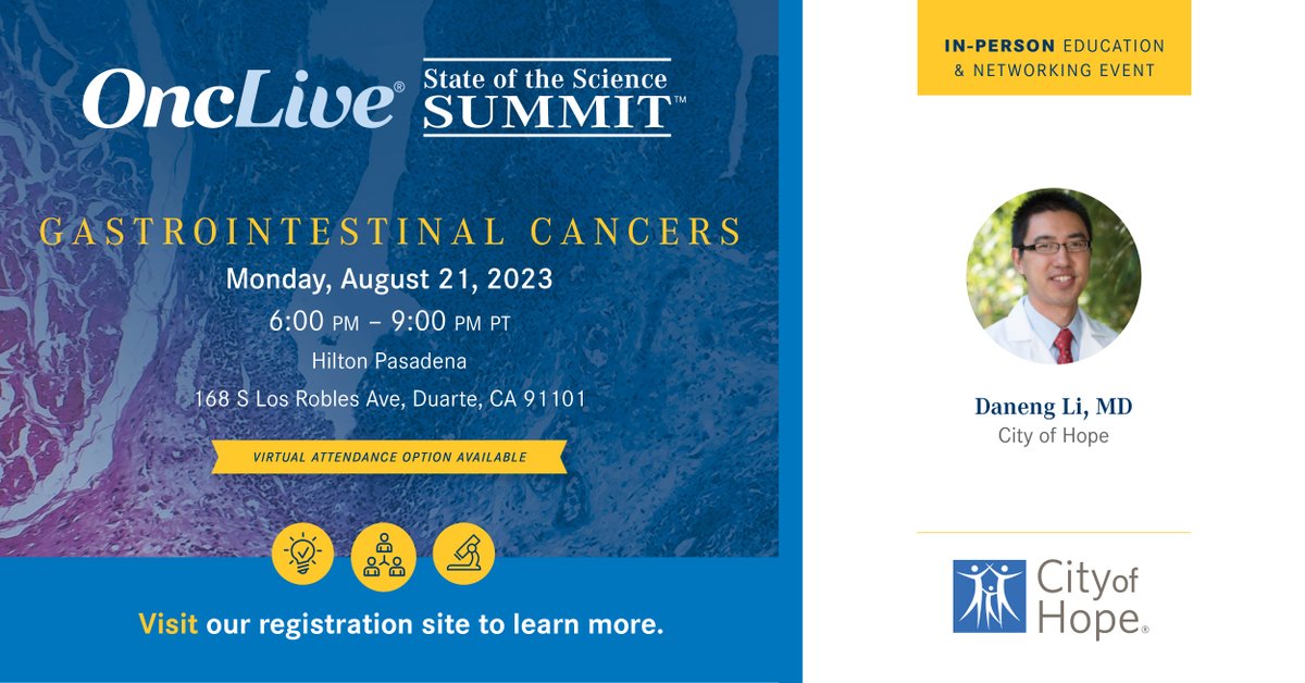 OncLive's tweet image. Registration is open! Join Daneng Li, MD of @cityofhope as he chairs an OncLive SOSS GI Cancers education and networking event on 8/21 at 6:00 PM PT! #SOSS

Register Today: ow.ly/A7Lf50Pr48P