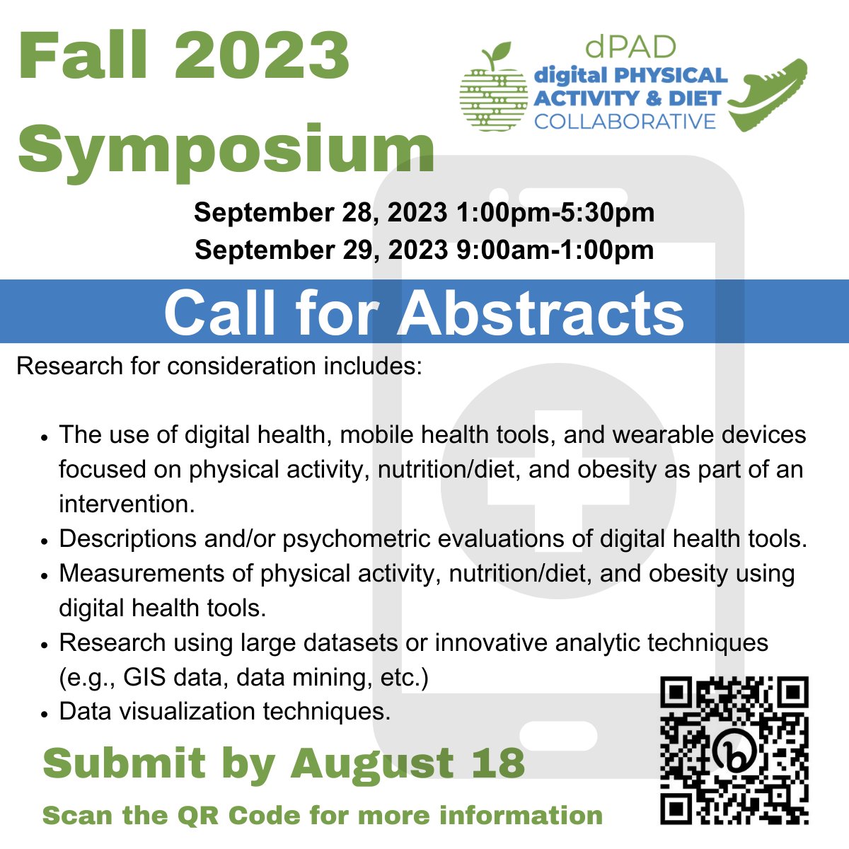 uthcchi's tweet image. Join us in Austin Sept. 28-29 for our Fall Symposium about digital tools for research related to physical activity and diet. Want to present? Abstract submissions are due Aug 18!