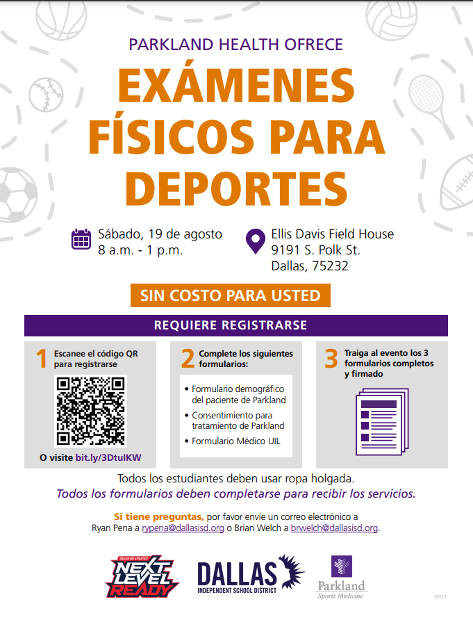 Free Physicals/Examenes Fisicos para Deportes

Saturday, Aug 19/ Sabado, 19 de agosto

8 a.m.- 1 p.m.

Registration required/Requiere registrarse