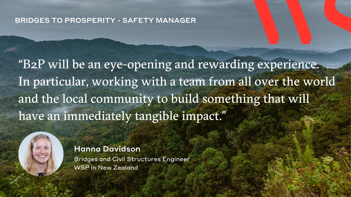 In collaboration with <a href="/B2P/">bridgestoprosperity</a>, we’re sending 10 representatives to Gicumbi in Rwanda to provide volunteer design and construction services to establish a trail #bridge. Meet Hanna Davidson, Bridges and Civil Structures Engineer, <a href="/WspNz/">WSP in New Zealand</a>. Learn more: donate.bridgestoprosperity.org/campaign/wsp-g…  #WSPcares