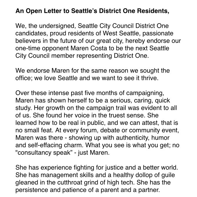hannahkrieg's tweet photo. NEW: Former District 1 City Council candidates want their supporters to vote for progressive Maren Costa in November even though some of these candidates definitely align more with her competitor, business-backed Rob Saka. https://t.co/JwV6z6xk1r