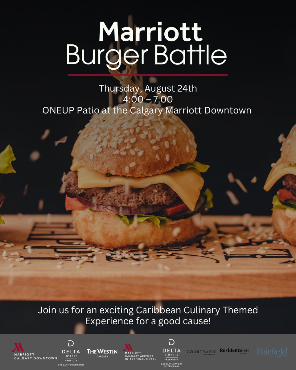 Join us on the ONEUP Patio for a Marriott Chef's Burger Battle.   Tickets $20 ($5 goes to Calgary Children's Hospital), includes 5 sliders, side dishes, and beverage.  Tix: marriotth.tl/6015PiWKl  #calgarydowntown #yycfood #calgaryfood #calgarypatio