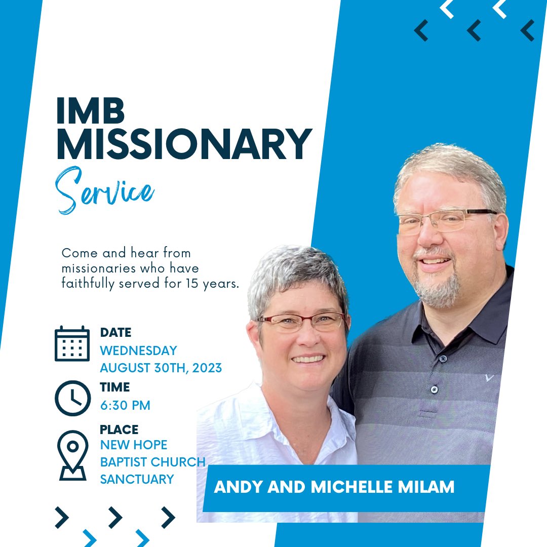 Hey church!

Put this on your calendars! You don’t wanna miss this! August 30th we will have IMB missionaries Andy and Michelle Milam come and tell us about their time spent serving God and advancing His kingdom! This will be a church wide event so everyone is welcome!!!