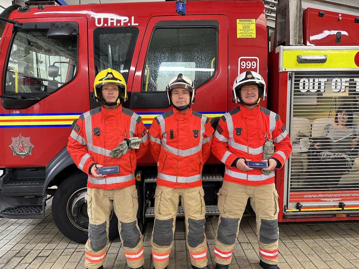 Exceptionally proud to present Long Service Good Conduct medals to two colleagues today: Watch Manager Paul Pritchard and Firefighter Chris Mobey. @manchesterfire 🎖️🚒