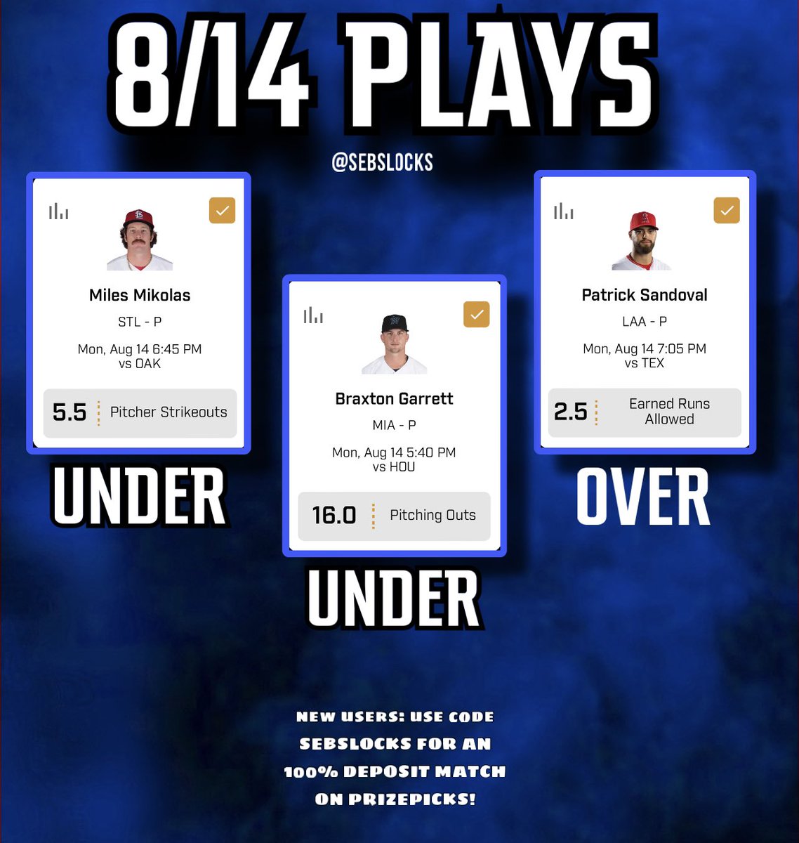 SebsLocks's tweet image. like for goodluck 💰💵

#MLB #PrizePicks #GamblingTwitter #DFS #Sleeper