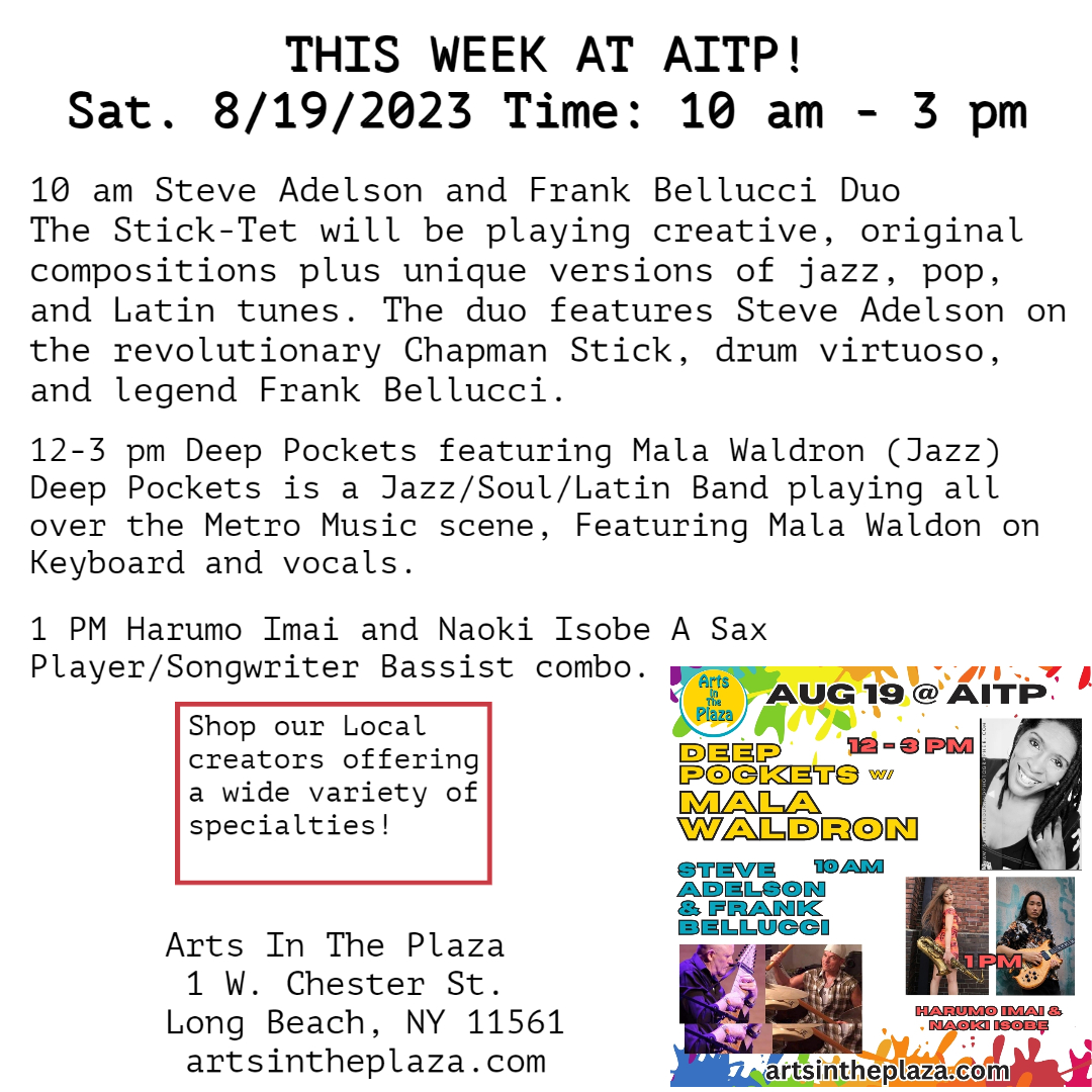ArtsinthePlaza's tweet photo. https://t.co/HaKHuEIB8a

#aitp2023 #artsinftheplaza2023 #lbny #jazz #deepockets
#thisweekataitp #LongBeachNY #LongIslandArts 
#ArtsInThePlaza #malawaldron #frankbelluccidrums #ChapmanStick #steveadelson #harumoimai #naoki_isobe #deeppocketsnyc https://t.co/SX1dGrX189