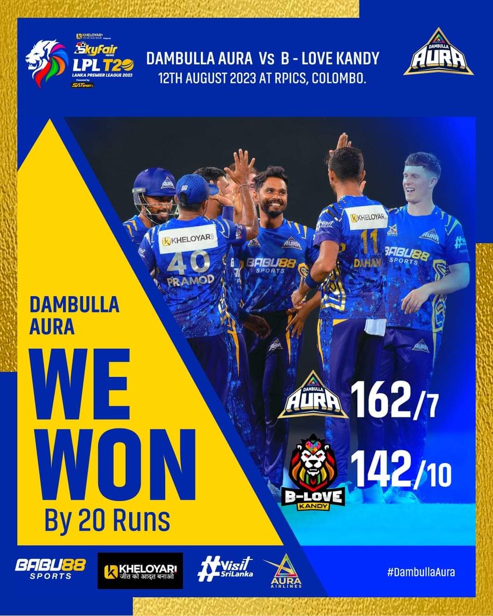 dambullalpl's tweet photo. Another glorious victory for Dambulla Aura by 20 runs.

Dambulla Aura Vs B-Love Kandy at RPICS,Colombo.

Lanka Premier League 2023.

#DambullaAura https://t.co/MiuAdqkjTQ