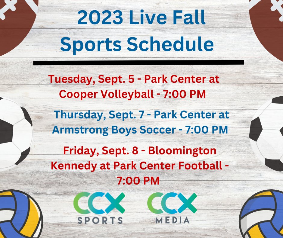 CCX Sports (@ccxsports) on Twitter photo Live coverage of high school games for the week of September 4th.
All games live on CCX1 (Comcast 12sd/ 799hd). Games can also be streamed at ccxmedia.org/watch-live/
<a href="/ParkCenterSrHS/">Park Center Sr High</a> <a href="/GoCooperHawks/">Hawks Activities</a> <a href="/HighArmstrong/">Armstrong High School Activities</a> <a href="/ParkCenterFB/">Official Park Center Football 🔰🏴☠️🏈</a> Live coverage of high school games for the week of September 4th.
All games live on CCX1 (Comcast 12sd/ 799hd). Games can also be streamed at ccxmedia.org/watch-live/
<a href="/ParkCenterSrHS/">Park Center Sr High</a> <a href="/GoCooperHawks/">Hawks Activities</a> <a href="/HighArmstrong/">Armstrong High School Activities</a> <a href="/ParkCenterFB/">Official Park Center Football 🔰🏴☠️🏈</a>