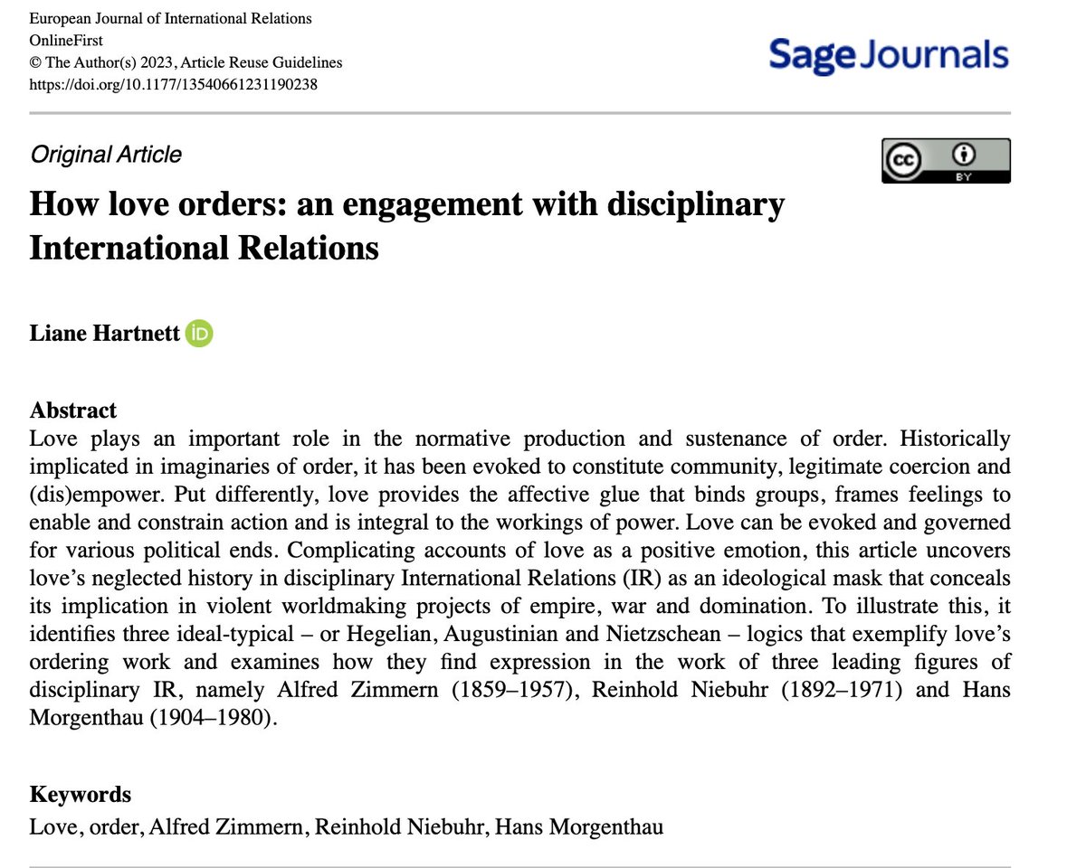 My new open access article in @EuroJournIR is about the neglected history of love in disciplinary International Relations. Reflecting upon some of love's uses and logics in the writings of Zimmern, Niebuhr, and Morgenthau, I ask: How does love order? journals.sagepub.com/doi/10.1177/13…