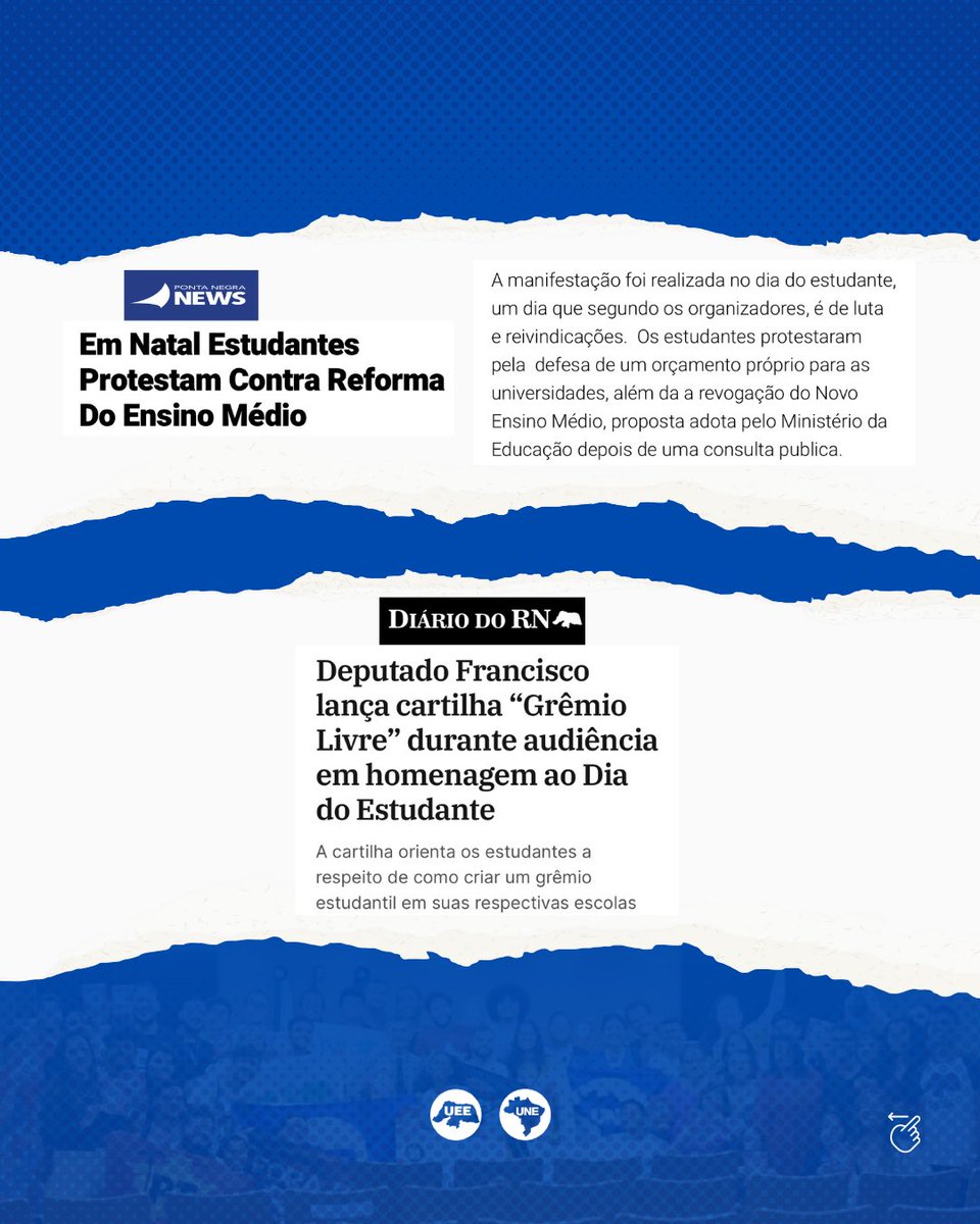 uee_rn's tweet photo. 📰 Saiu na mídia! 💻

 As atividades realizadas pelo dia do estudante tiveram destaque em jornais e portais da mídia potiguar. 

É a nossa luta contra os cortes na educação e pela revogação do novo ensino médio se tornando destaque!

#UEERN https://t.co/KBx8pVyIjq