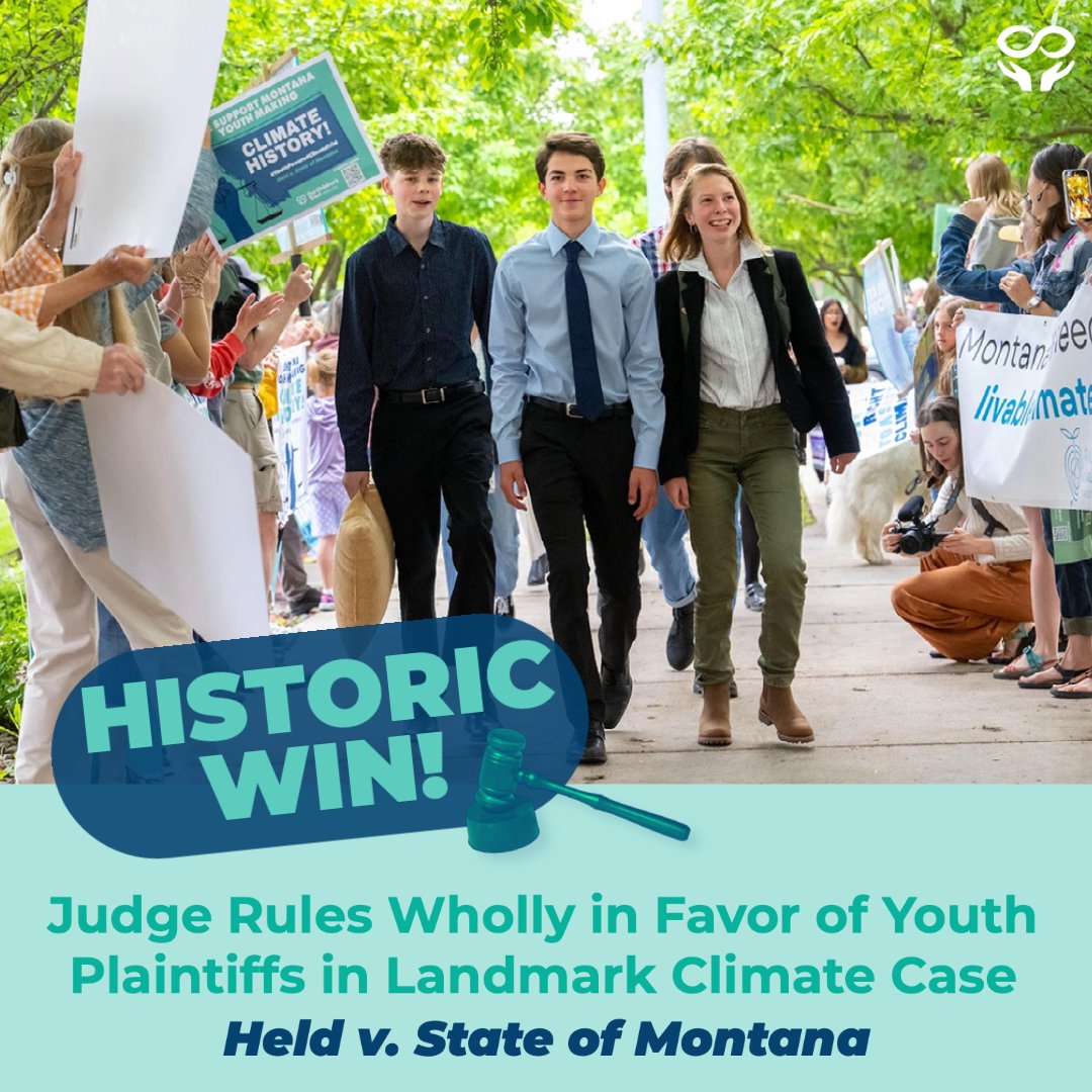 BREAKING! In historic first, Judge Kathy Seeley ruled wholly in favor of the 16 youth plaintiffs in Held v. State of Montana, declaring that the state of Montana violated the youth’s constitutional climate rights. Read press release: bit.ly/MTRuling-PR #YouthvGovMT