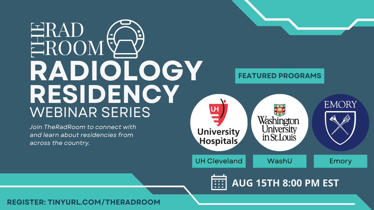 TheRadRoom (@theradroom) on Twitter photo Our #Match2024 Radiology Residency Series continues TOMORROW at 8 PM EST, featuring UH Cleveland (<a href="/UHRadiology/">UH Radiology Cleveland</a>), WashU (<a href="/MIRimaging/">WashUMedMIR</a>), and Emory (<a href="/EmoryRadiology/">Emory Radiology</a>).
Register here if you haven't already: tinyurl.com/theradroom Our #Match2024 Radiology Residency Series continues TOMORROW at 8 PM EST, featuring UH Cleveland (<a href="/UHRadiology/">UH Radiology Cleveland</a>), WashU (<a href="/MIRimaging/">WashUMedMIR</a>), and Emory (<a href="/EmoryRadiology/">Emory Radiology</a>).
Register here if you haven't already: tinyurl.com/theradroom