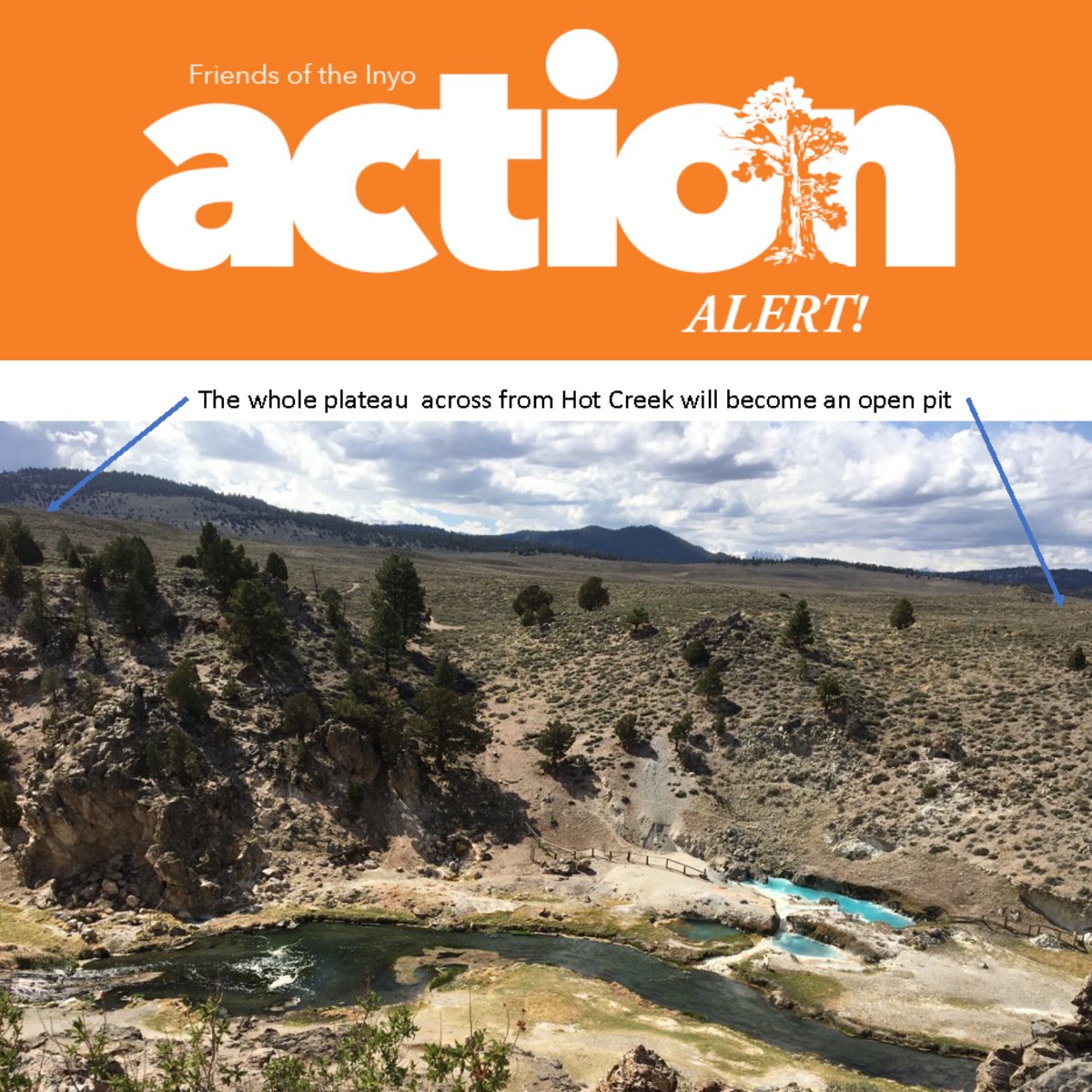 FriendsofInyo's tweet photo. ACTION ALERT! Let Inyo National Forest Leadership know you oppose KORE Mining’s exploratory drilling at Hot Creek, which could start as early as Sept. 1! Go to https://t.co/SiOnRWfBrS, find our Action Alert on our home page, and click on the "Get Involved Now" button. Thank you! https://t.co/hPd5um1pmz
