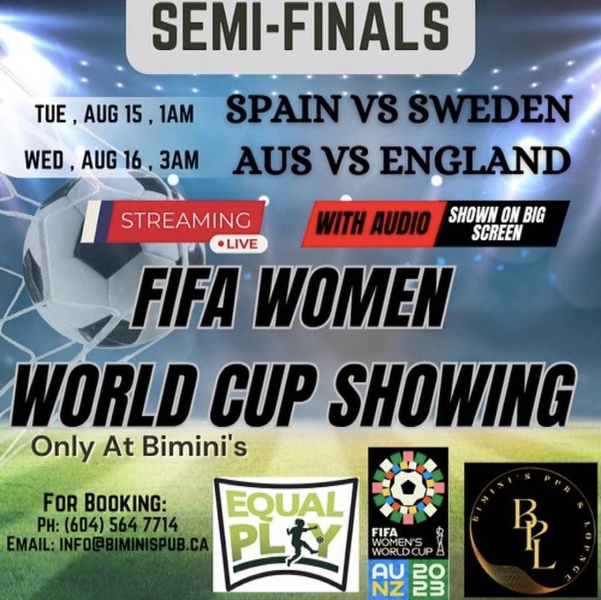 EqualPlayFC's tweet photo. Come join us at the Women’s World Cup Semi-Finals Party at Bimini’s Pub in Kitsilano. It’s worth staying up for. All the games have been thrilling! https://t.co/GxStYDtjhG