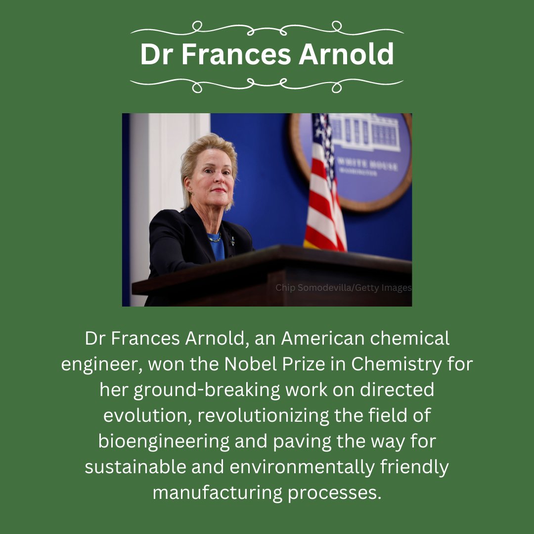 Dr Frances Arnold: Nobel laureate & innovation trailblazer! Her work in directed evolution reshaped industries and inspired a greener future. 👩‍🔬🏆 

#FrancesArnold #InnovationChampion #CareerSpotlight